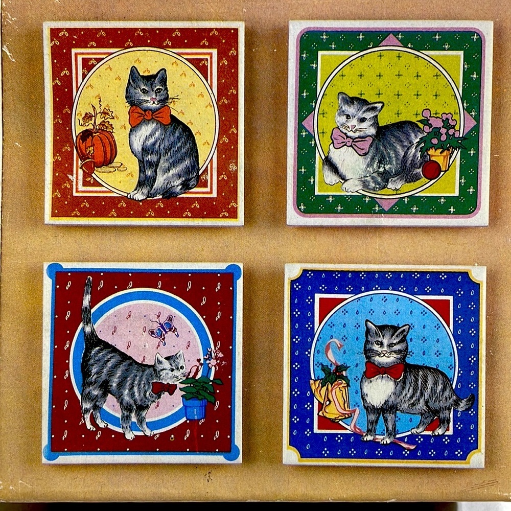 Vintage 1986 Kitty Cat Tile Trivet Coasters set of 4